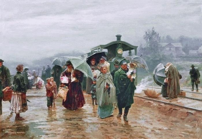 Николай Касаткин &laquo;Трамвай пришёл&raquo;, 1894 год: горожане с зонтами