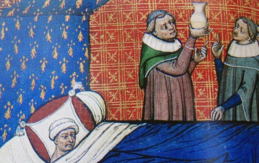 Средневековые медики анализируют мочу пациента для диагностики диабета