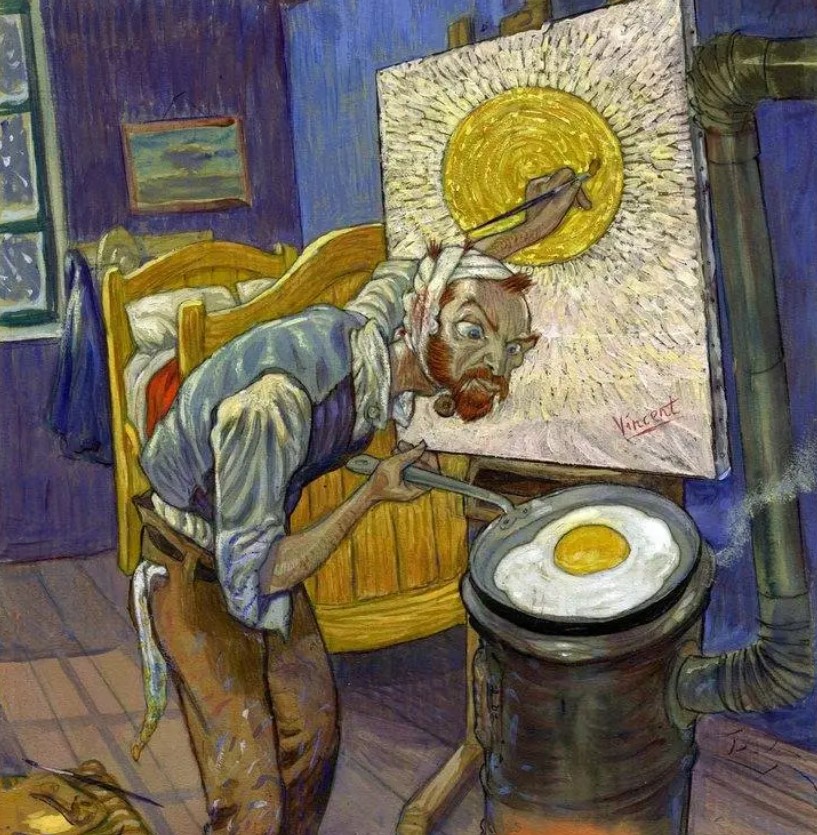 Карикатурный Ван Гог рисует подсолнухи иллюстрация Градимира Смудьи