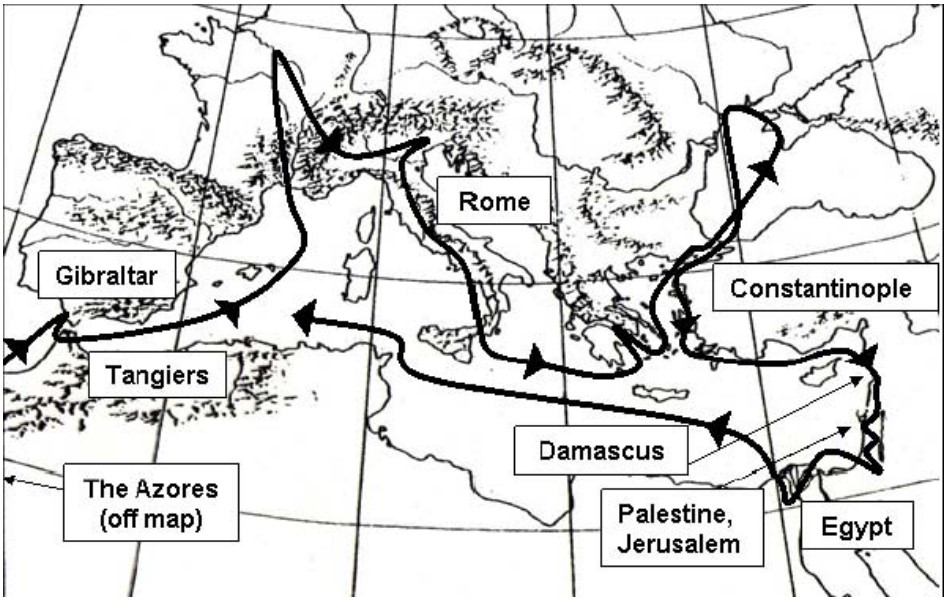 Маршрут путешествия парохода Quaker City с Марком Твеном 1867 год