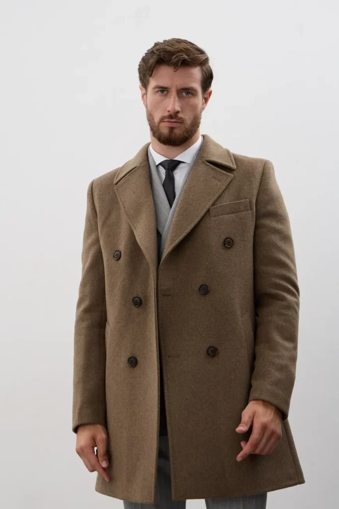 Двубортное мужское песочное пальто из шерсти и кашемира rich
