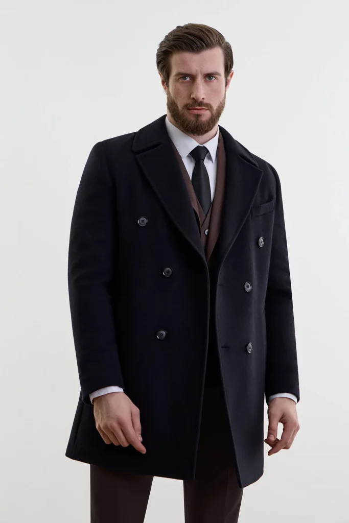 Двубортное мужское синее пальто rich из шерсти и кашемира