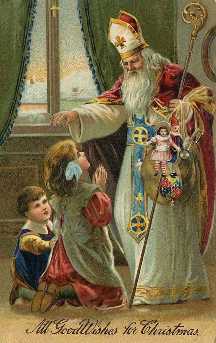 Европейская рождественская открытка 19 века: святой Николай с детьми
