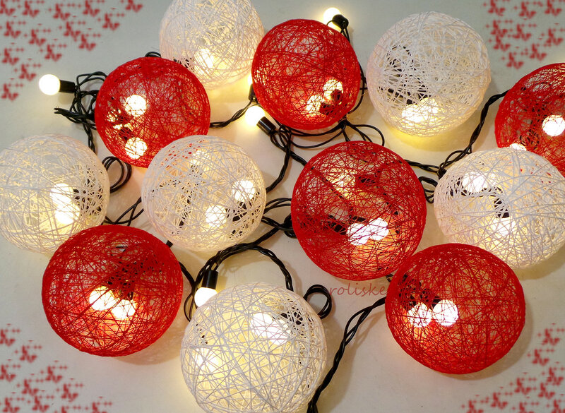 Готовые светящиеся шары из ниток с гирляндой внутри в красно-белых тонах
