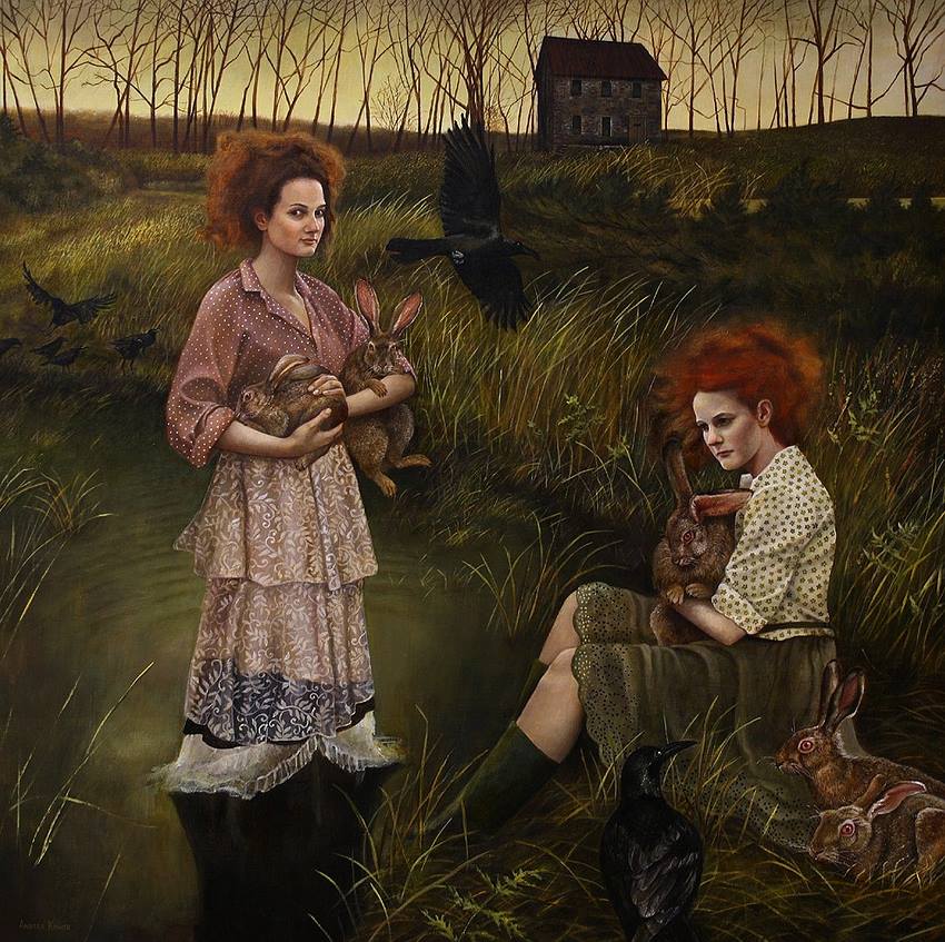 Андреа Коуч Зайцы две девушки с кроликами вороны поле символизм