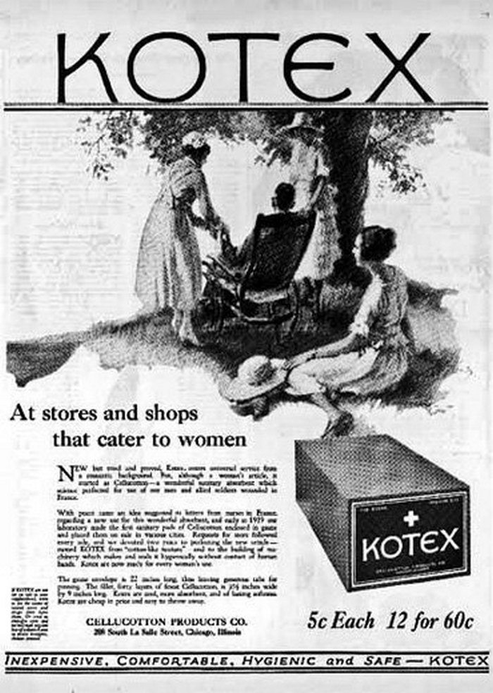 Ретро-реклама гигиенических салфеток Kotex 1920-х годов с изображением женщины и сдержанным описанием продукта