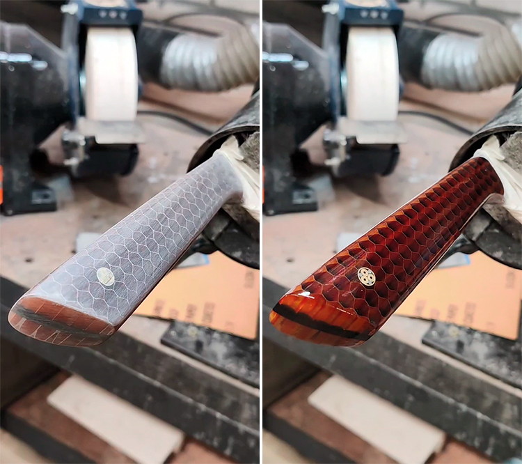Сравнительное фото рукоятки ножа до и после нанесения масла, демонстрирующее магию преображения