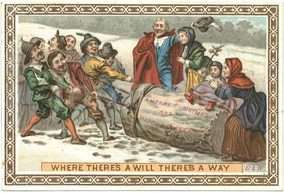 Старинная открытка с изображением горящего йольского полена