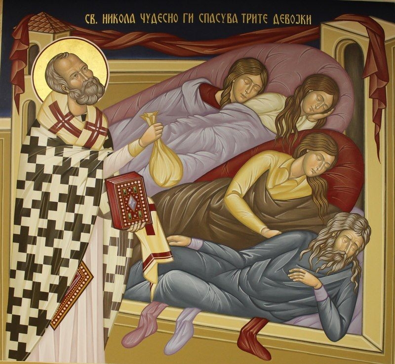 Православная икона с изображением святого Николая, тайно подбрасывающего золото
