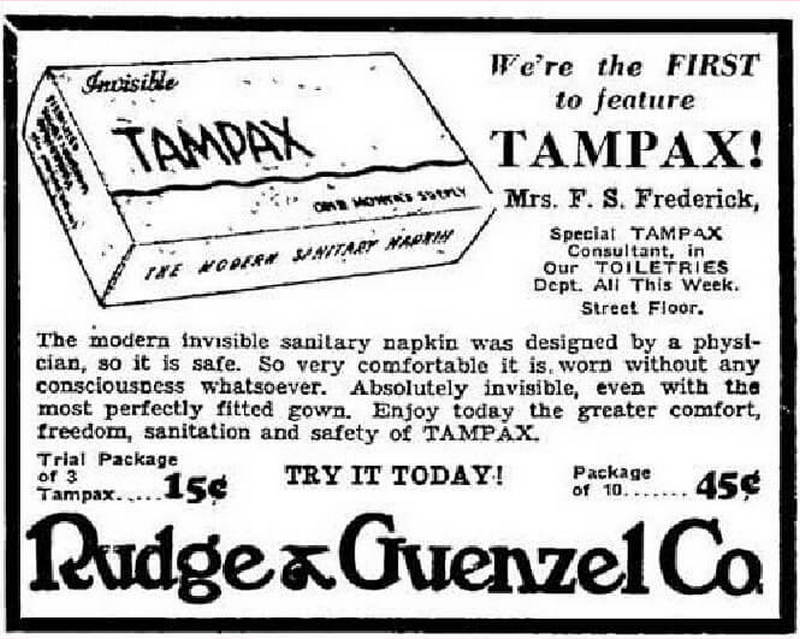 Винтажная рекламная иллюстрация тампонов Tampax 1930-х годов, подчёркивающая их компактность и удобство