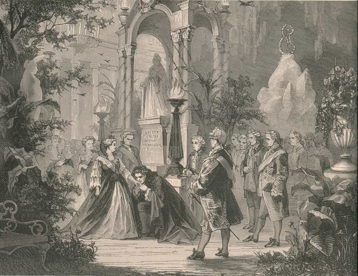 Гравюра с изображением роскошного пира в Таврическом дворце &mdash; иллюстрация нравов и вседозволенности екатерининского вельможи