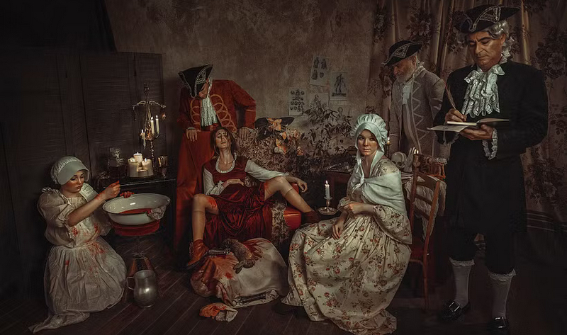 Историческая иллюстрация сцены вокруг Мэри Тофт в XVIII веке