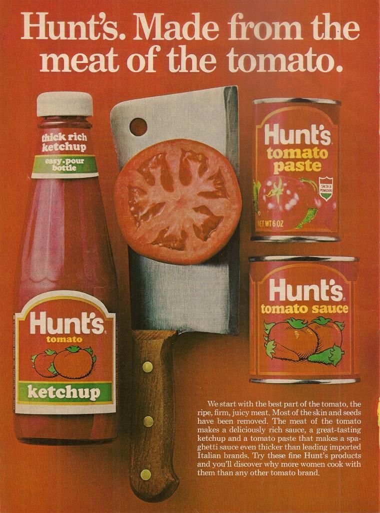 Винтажная реклама кетчупа Hunts подчеркивающая натуральность продукта