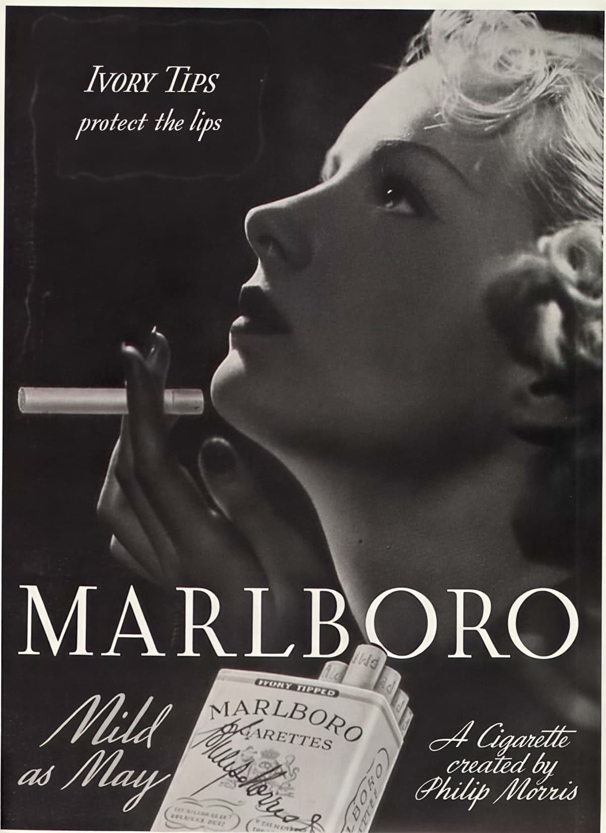 Винтажная реклама сигарет Marlboro 1940-х с женщиной и слоганом Mild as May