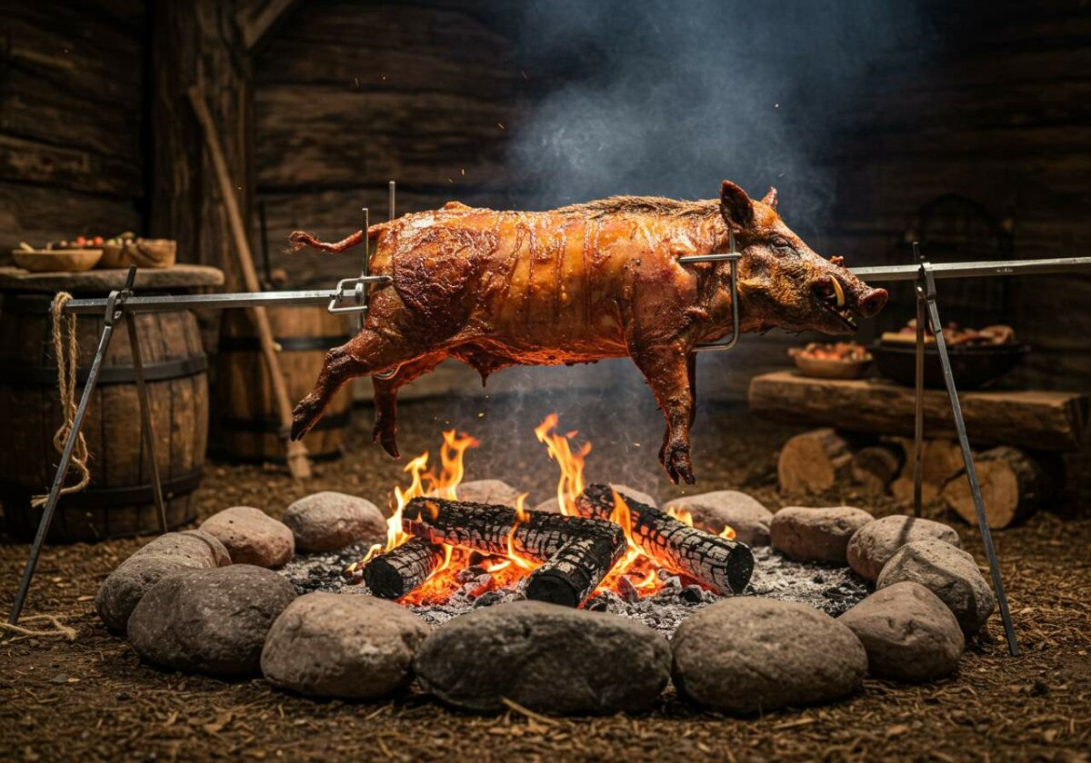 Молодой кабан жарится над открытым огнем