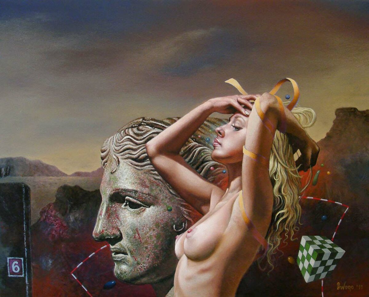 Картина художника Драгана Илича с символическими образами женщины и птицы