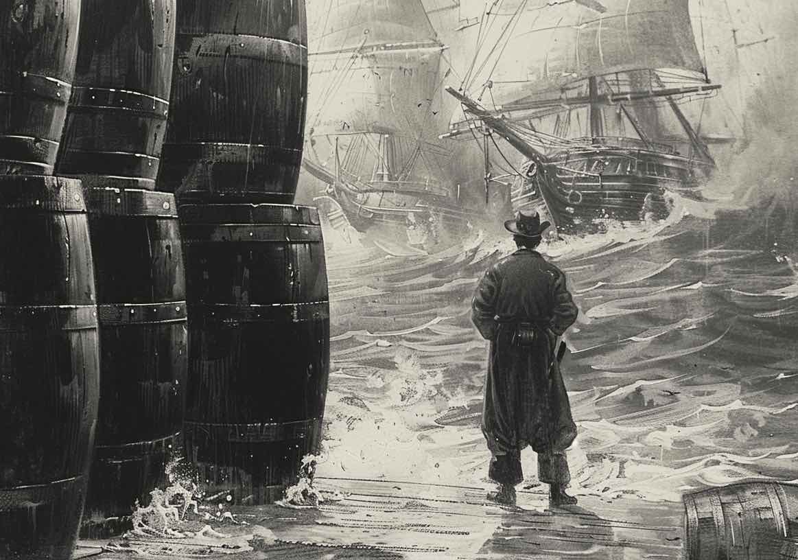 Моряк стоит на фоне бушующего моря рядом с бочками