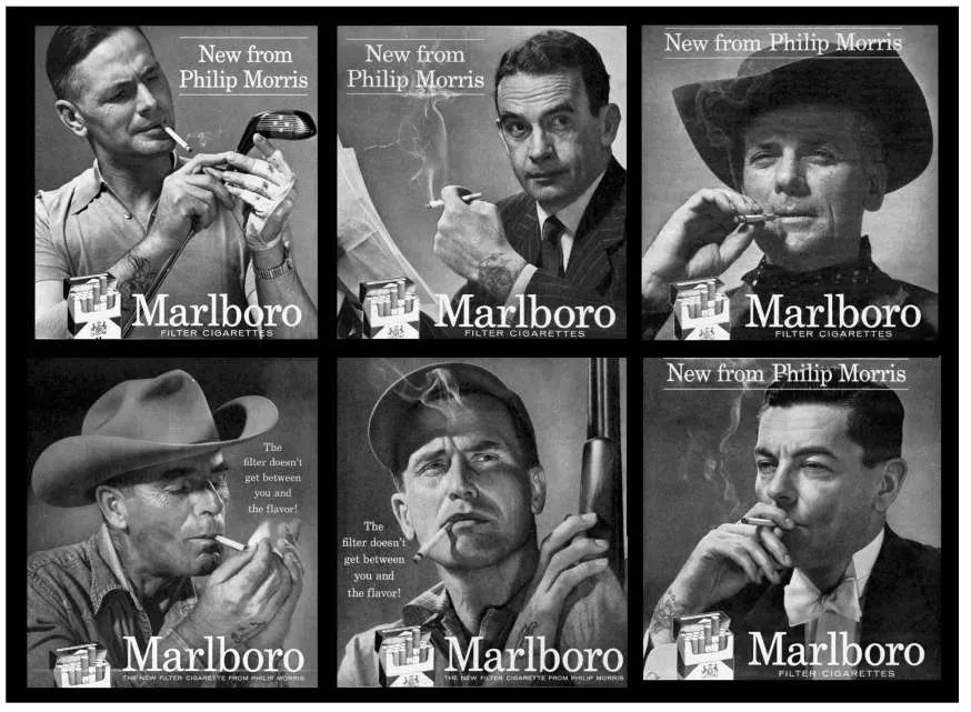 Коллаж чёрно-белых рекламных фотографий ковбоев Marlboro Man разных лет