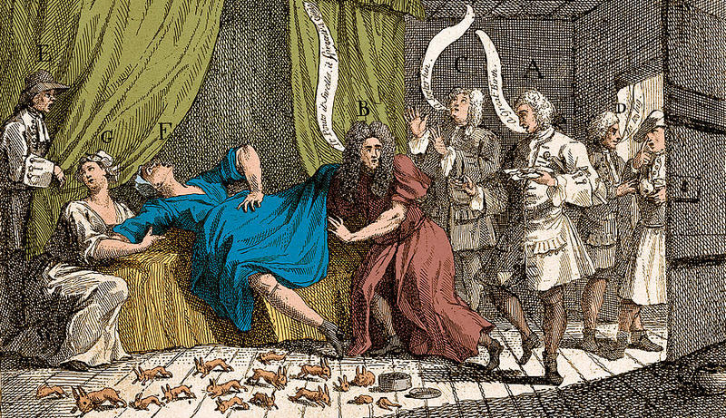 Сатирическая карикатура XVIII века на историю Мэри Тофт и доверчивых врачей