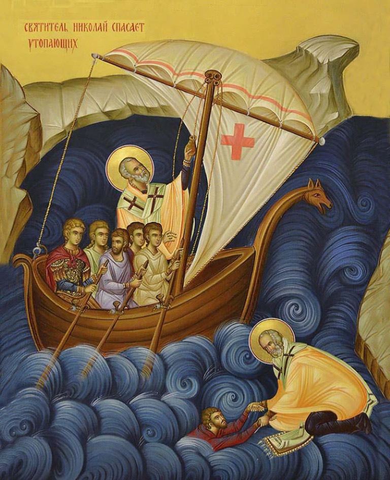 Икона: святой Николай спасает тонущих моряков во время шторма