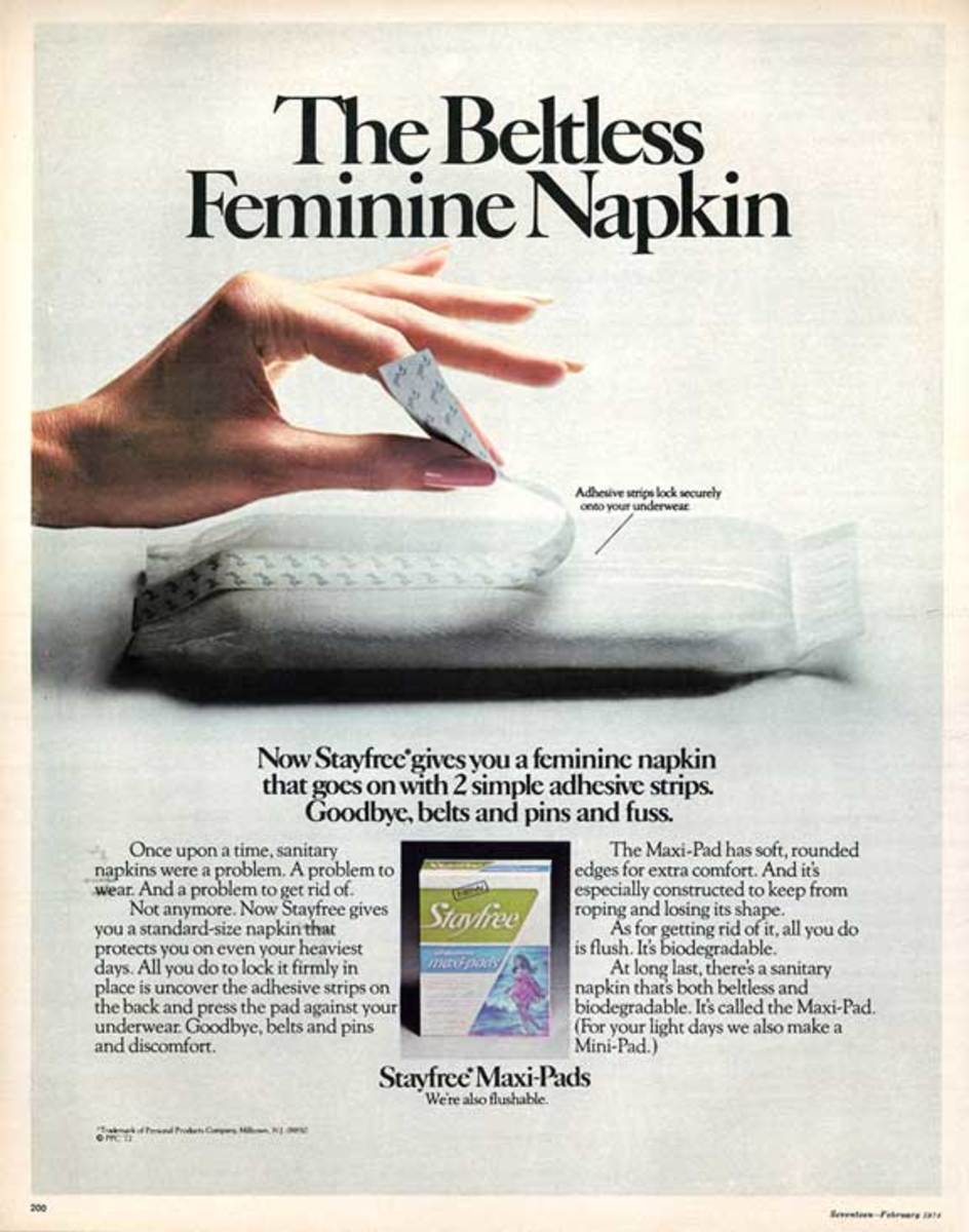 Упаковка гигиенических прокладок Stayfree 1970-х годов с изображением продукта и описанием преимуществ
