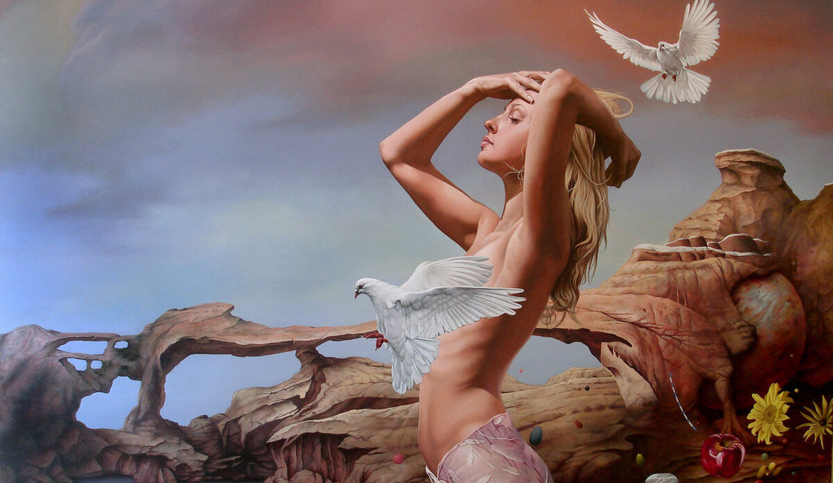 Драган Илич сюрреалистический пейзаж с обнаженной женщиной и фантастическими элементами