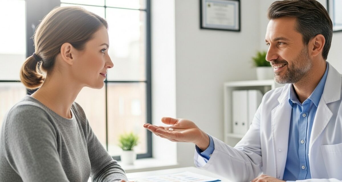 Медик дает женщине таблетку