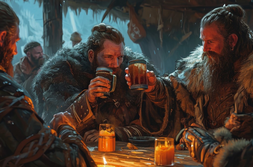 Картина с викингами, празднующими Йоль на пиру в длинном доме