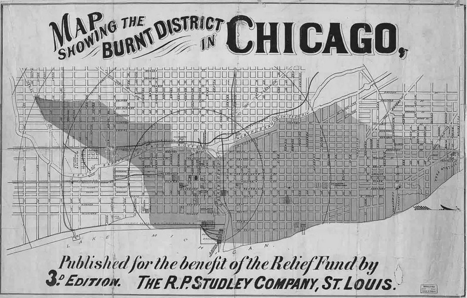 План (карта) Чикаго, показывающий районы, пострадавшие от пожара