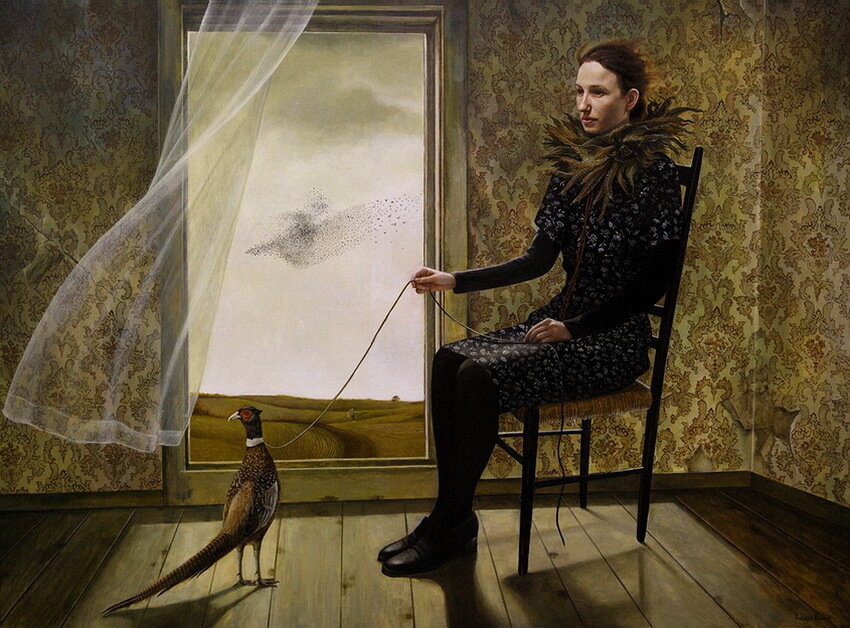 Андреа Коуч Хранительница фазана женщина с фазаном на поводке сюрреализм