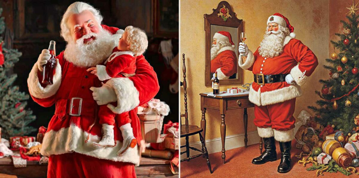 Сравнительная коллажная иллюстрация: исторический святой Николай и коммерческий Санта