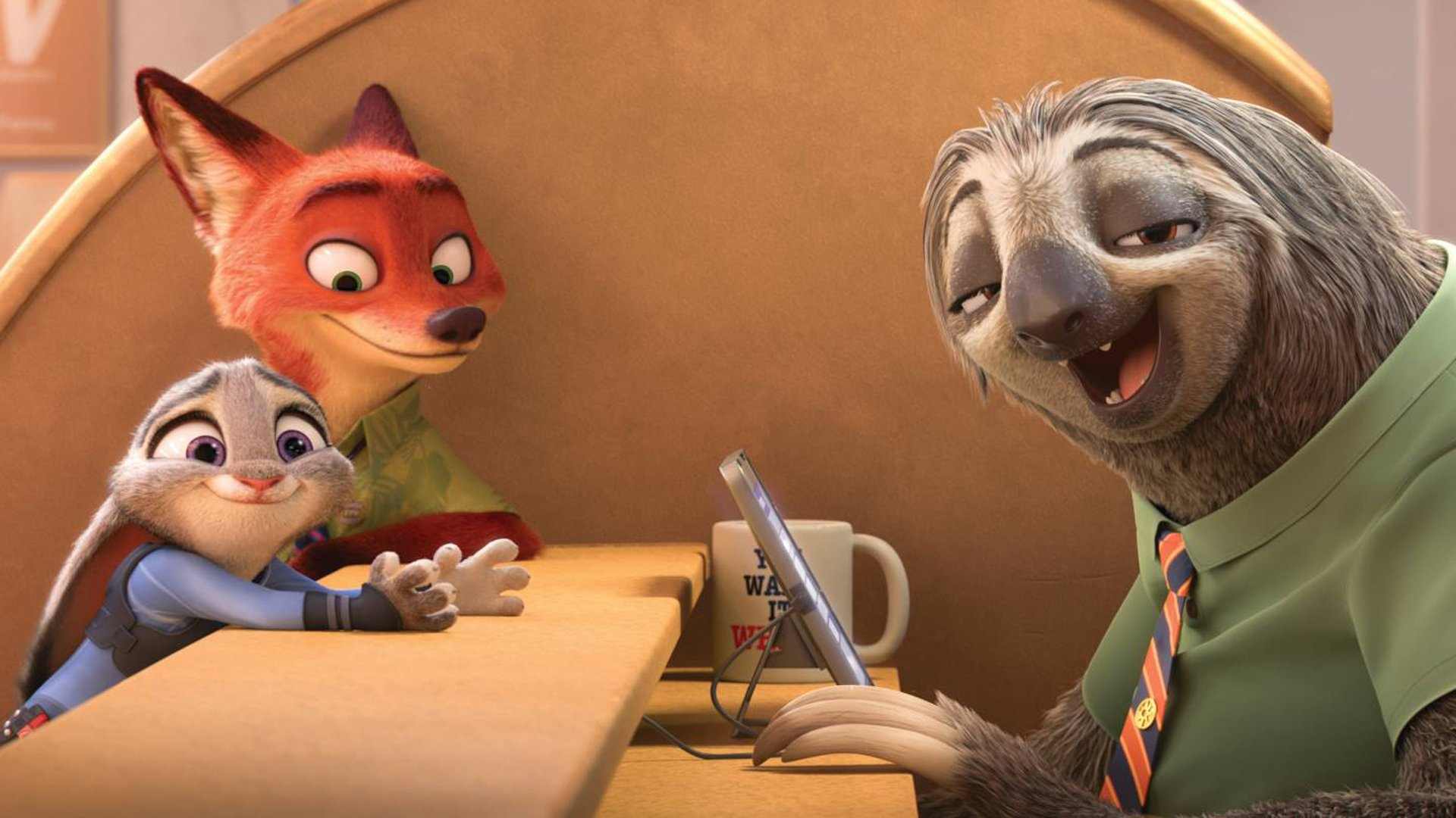 Яркая иллюстрация главных героев мультфильма Зверополис: крольчиха Джуди Хоппс и лис Ник Уайлд в городе