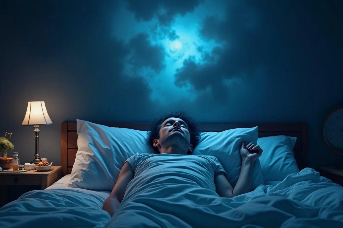 Изображение: женщина, которая плохо спит ночью, ворочаясь в кровати