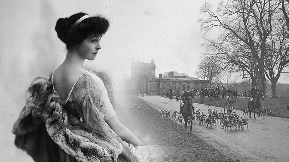 Консуэло Вандербильт герцогиня Мальборо в охотничьем наряде на фоне дворца Бленхейм