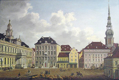 Историческая гравюра Ратушной площади в Риге XVIII века