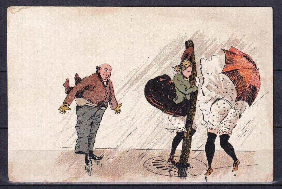 Открытка с радостным мужчиной, который увидел задравшиеся юбки женщин в непогоду