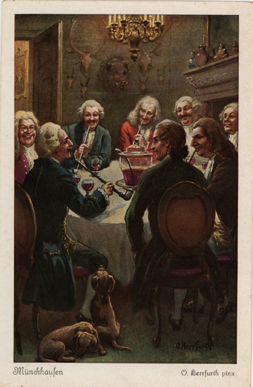 Открытка XIX века с бароном Мюнхгаузеном, рассказывающим истории гостям за столом