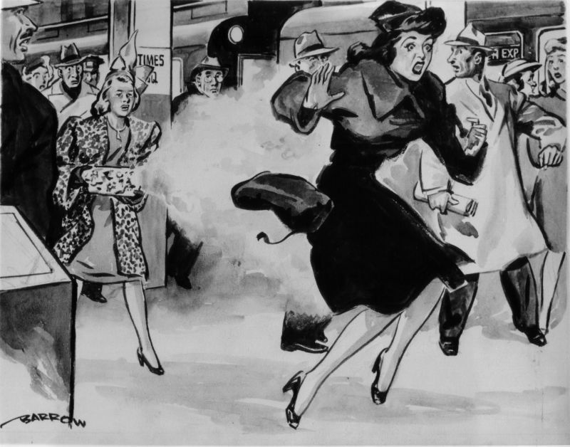 Выстрел в метро Нью-Йорка рисунок из газеты 1946