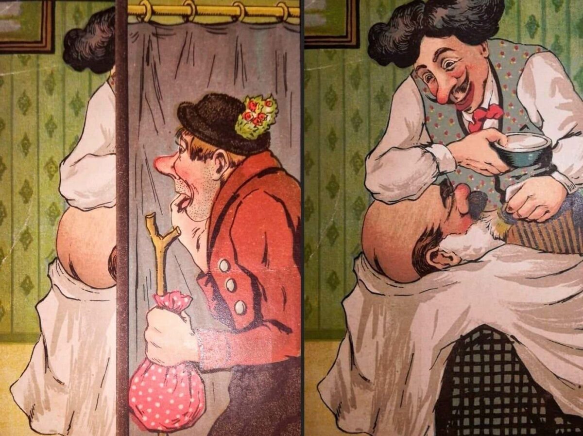Юмористическая открытка, как человеку кажется что-то неприличное в обычной сцене бритья