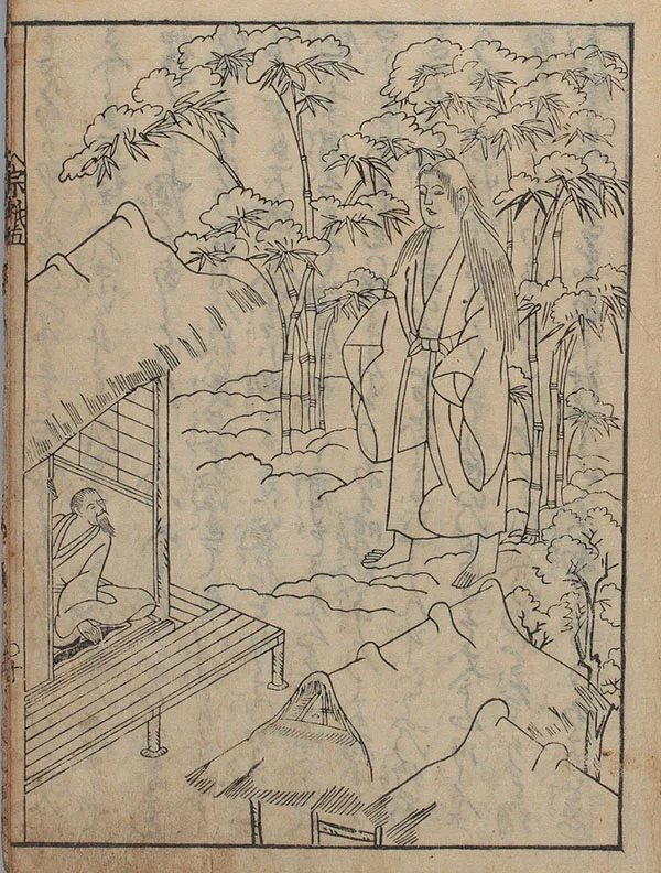 Юки-онна в белом кимоно с длинными волосами парит над снегом, иллюстрация из Соги Секоку Моногатари 1685 года