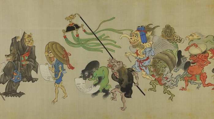 Традиционное японское шествие ёкай &mdash; процессия разнообразных духов и демонов на старинном свитке