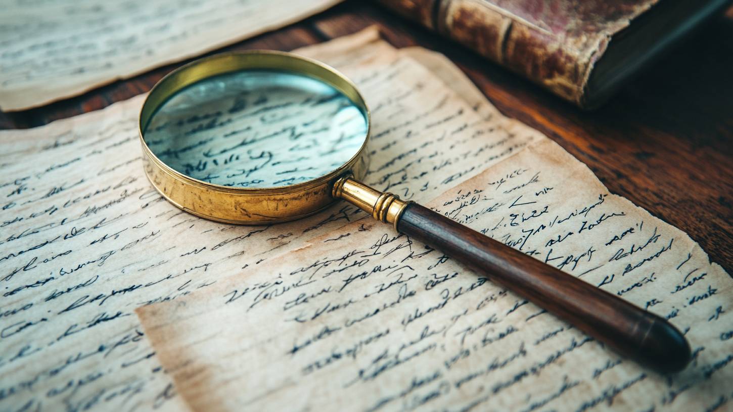 Лупа лежит на состаренных листах исписанных мелким почерком