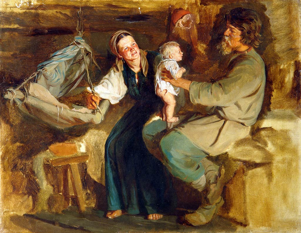 К. В. Лемох. «Родительская радость» — картина, передающая атмосферу крестьянской семьи после родов