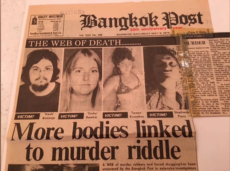 Газетная статья в Bangkok Post о 'Убийце бикини' с фото жертв и заголовками