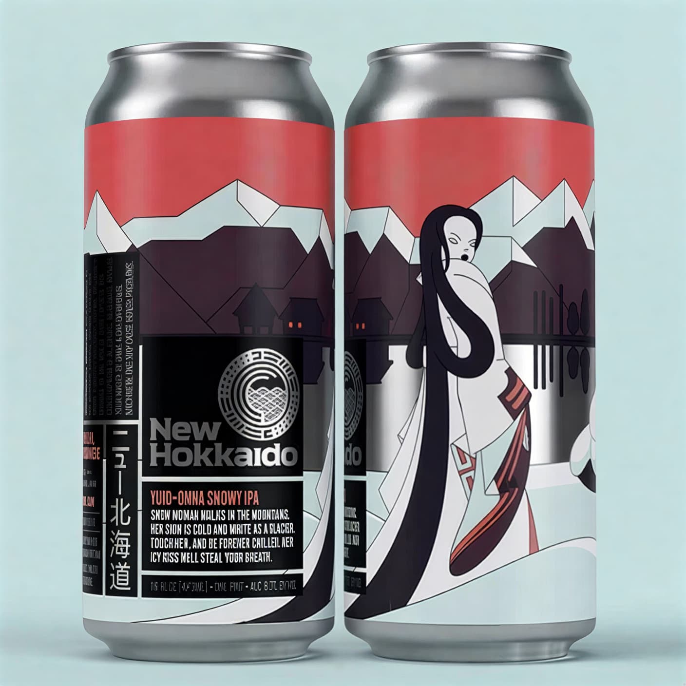 Банки пива с изображением юки-онна в белом кимоно на фоне снега &mdash; популярный дизайн на Хоккайдо