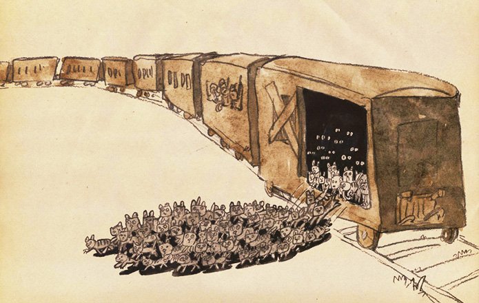 Иллюстрация поезда с открытыми вагонами, из которых выбегают сотни маленьких кошек и котят