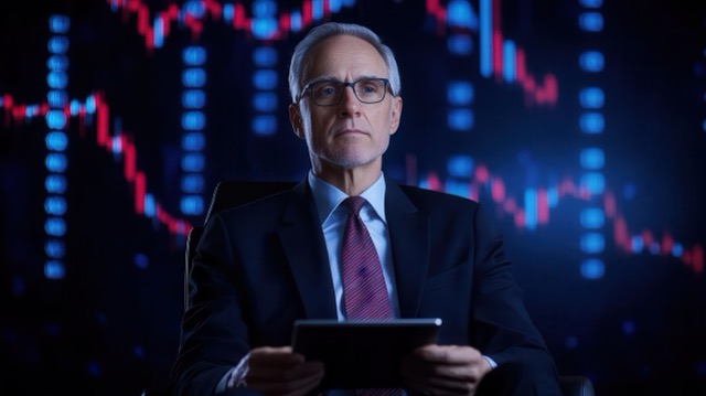 Serious businessman analyzing financial data on a tablet amidst digital stock market charts.