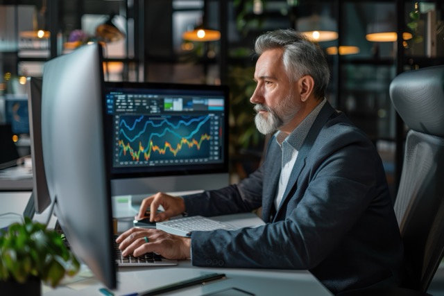 Mature businessman working on computer enhance your corporate imagery