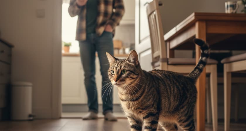 Кошка встречает хозяина с холодком