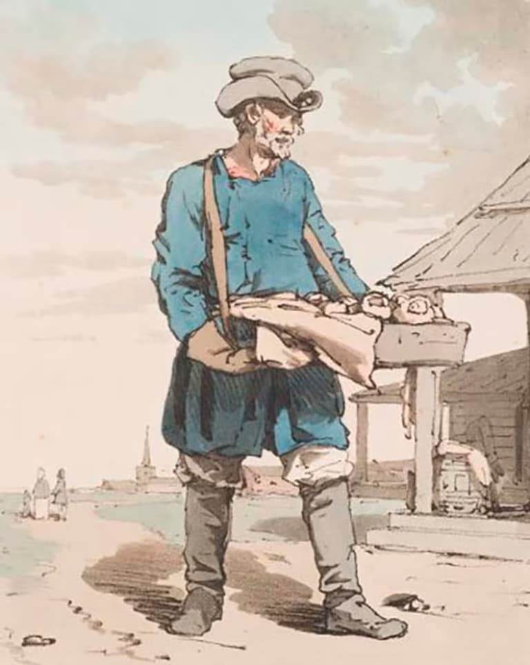 Московский булочник с корзиной акварель Кустодиев